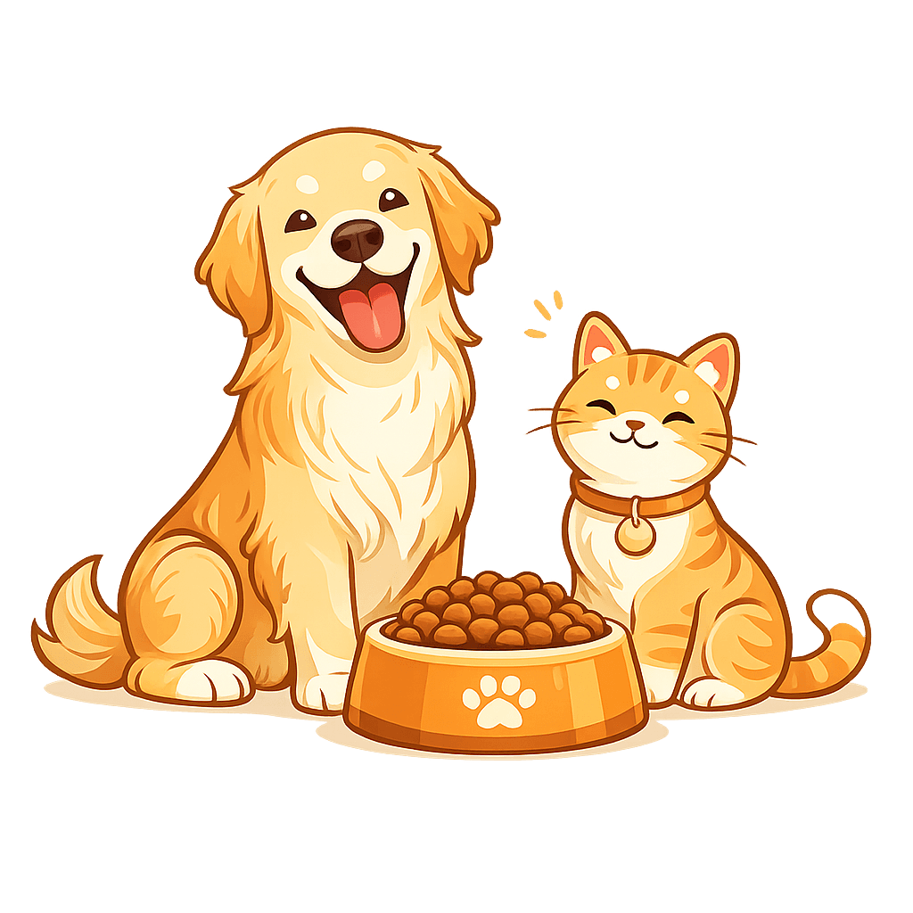 Happy dog and cat beside a bowl of Sarnab pet food